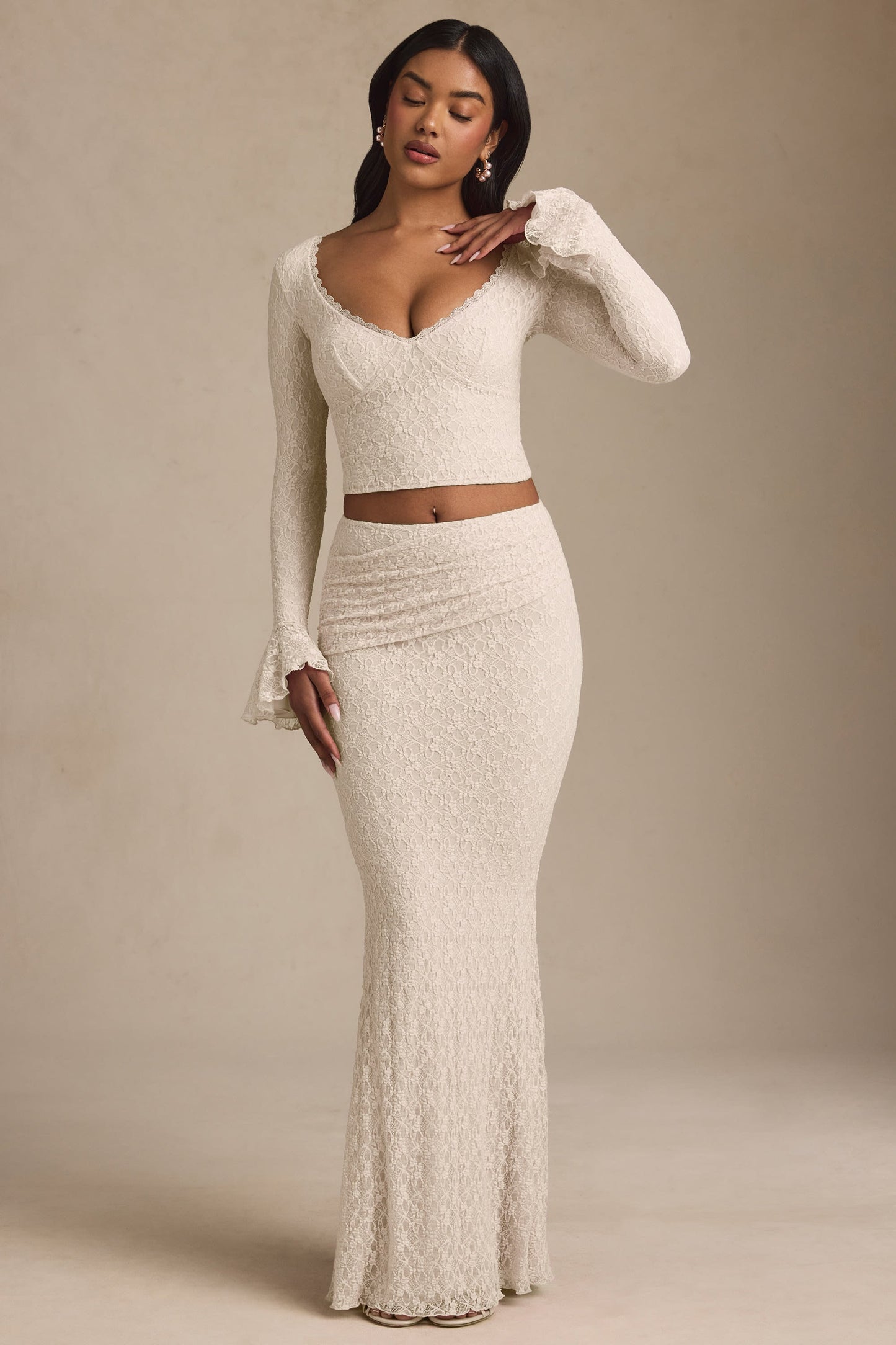 Draped Low-Rise Lace Maxi Skirt in Ivory