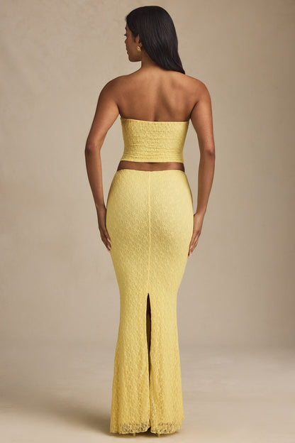 Draped Low-Rise Lace Maxi Skirt in Pastel Yellow
