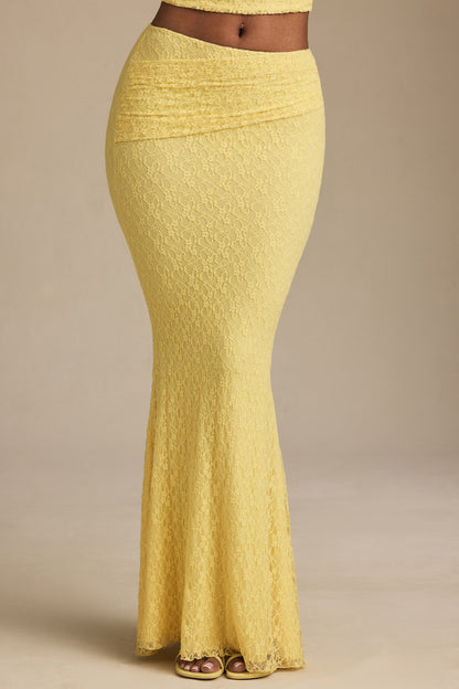 Draped Low-Rise Lace Maxi Skirt in Pastel Yellow