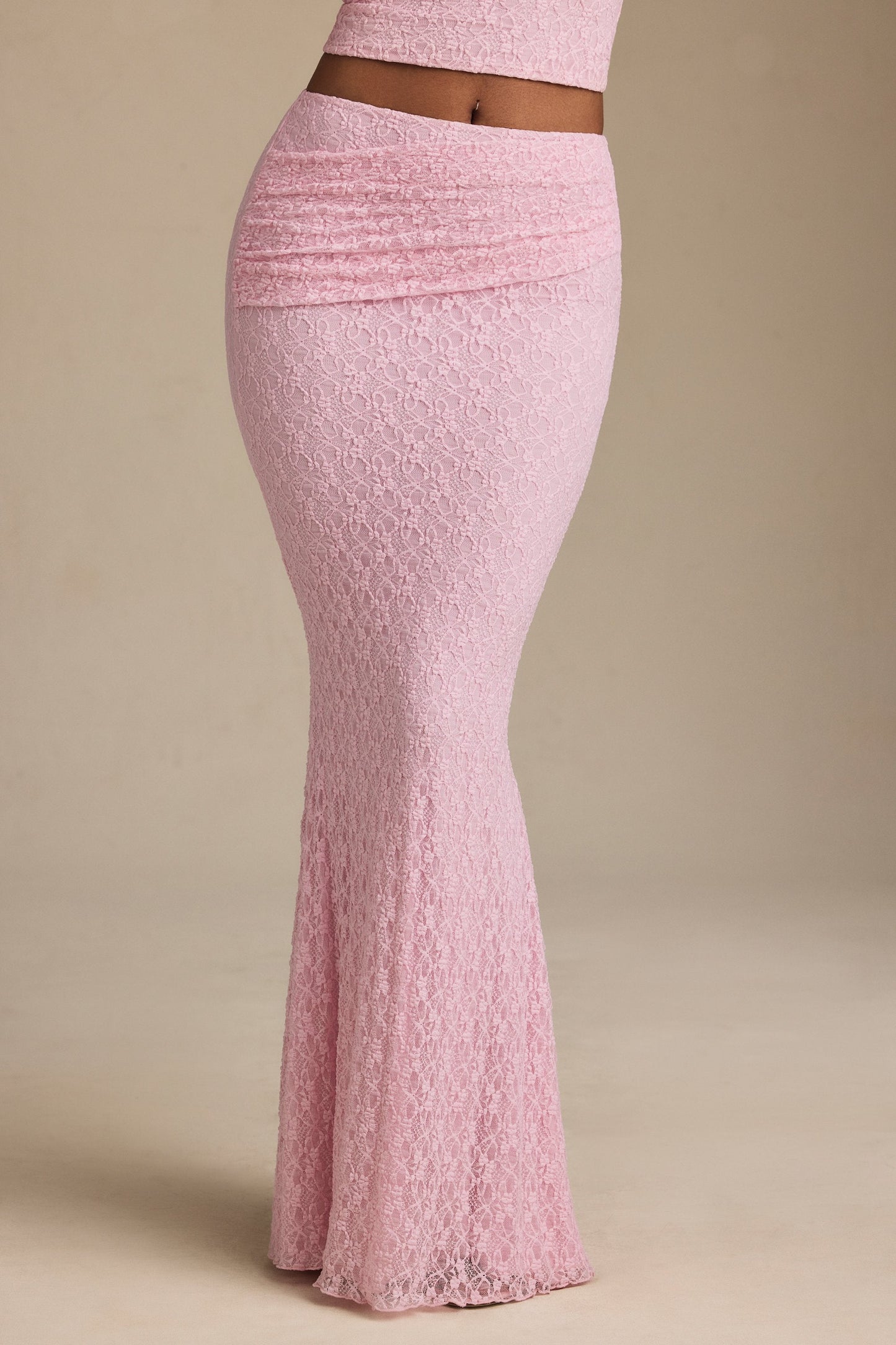 Draped Low-Rise Lace Maxi Skirt in Soft Pink