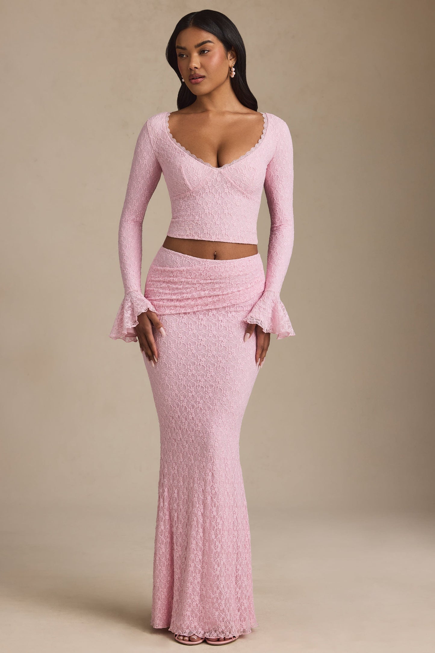 Draped Low-Rise Lace Maxi Skirt in Soft Pink