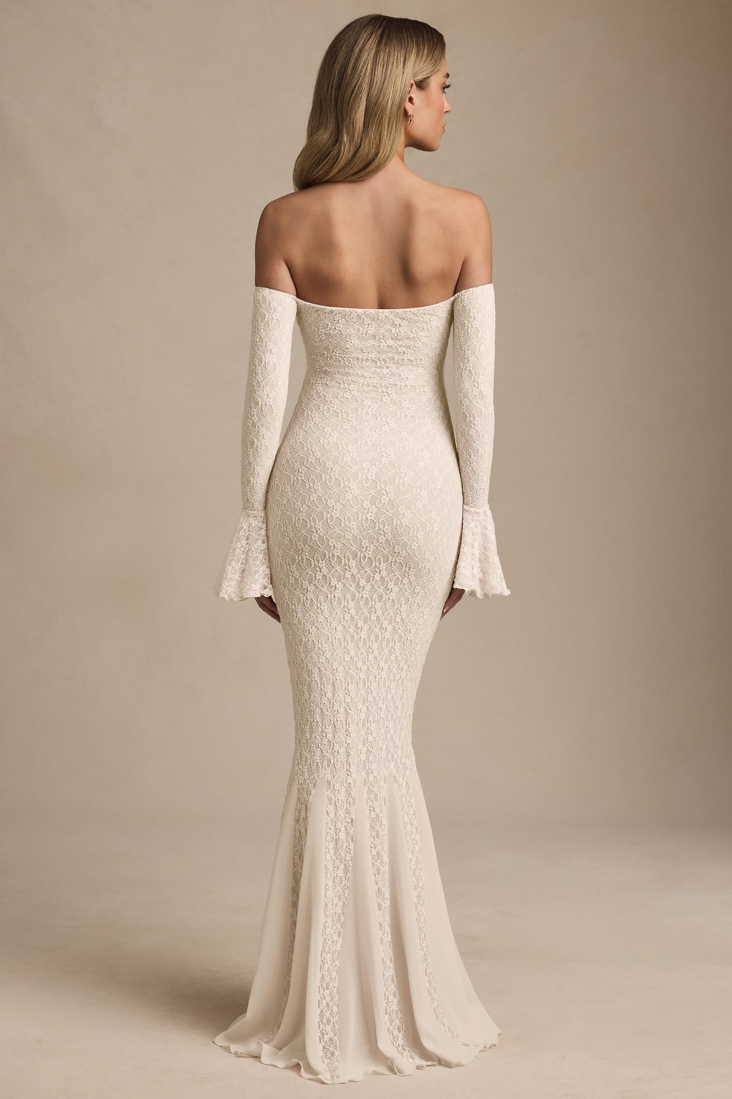 Off-Shoulder Ruffle Lace Maxi Dress in Ivory