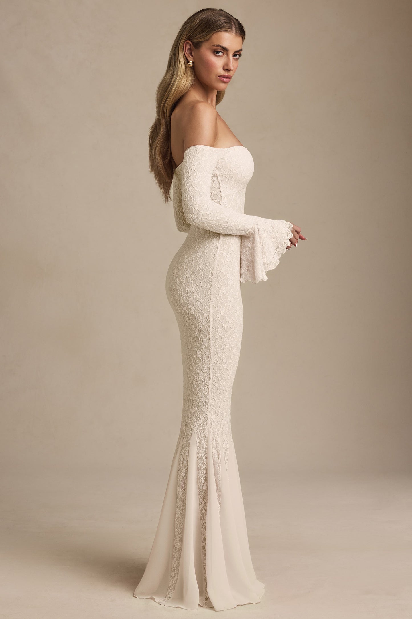 Off-Shoulder Ruffle Lace Maxi Dress in Ivory