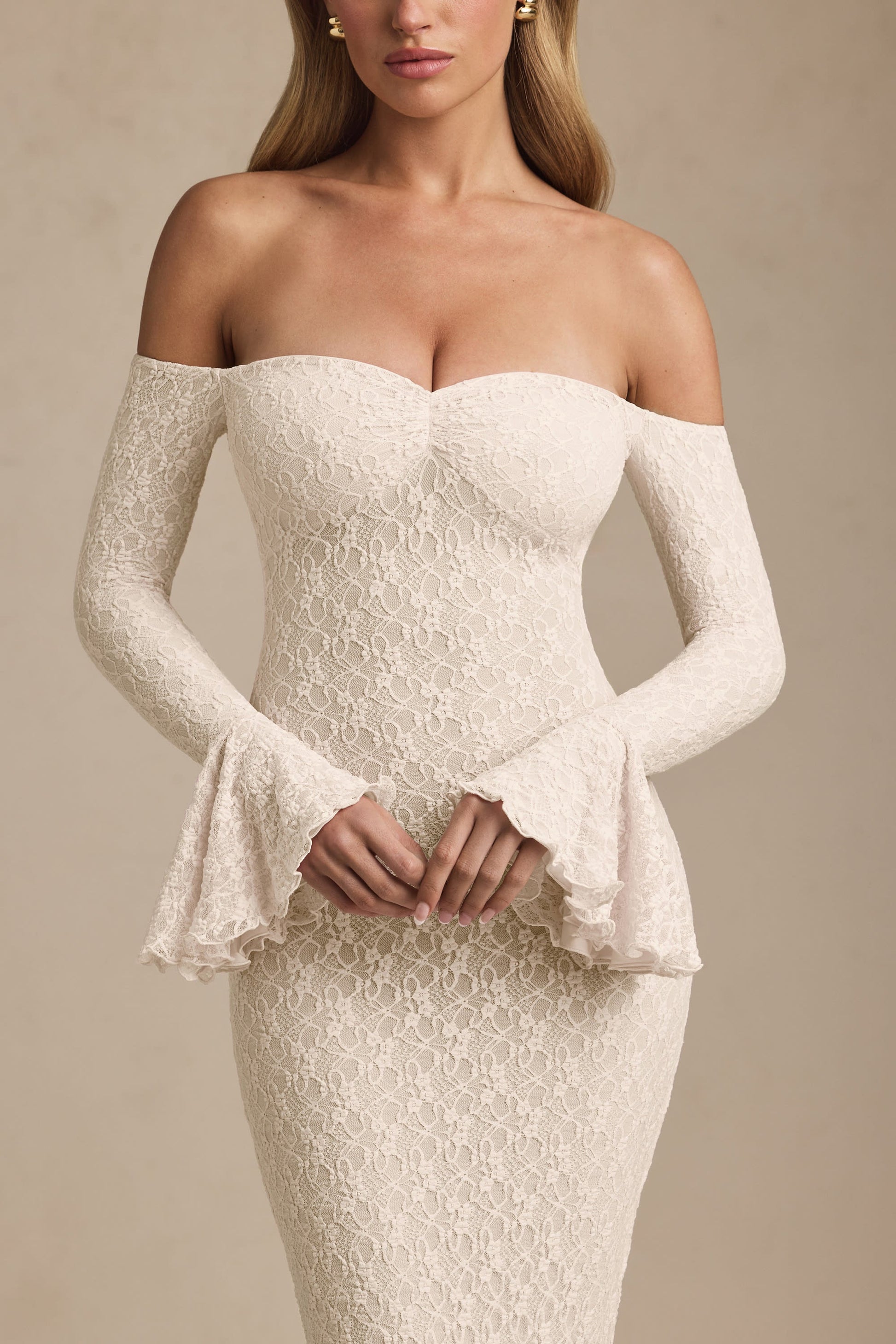 Off-Shoulder Ruffle Lace Maxi Dress in Ivory