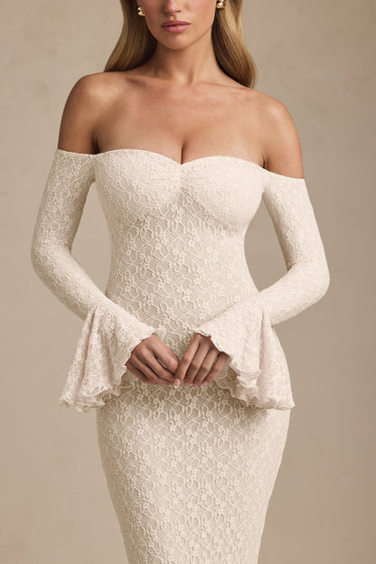 Off-Shoulder Ruffle Lace Maxi Dress in Ivory