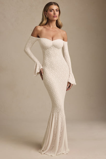 Off-Shoulder Ruffle Lace Maxi Dress in Ivory