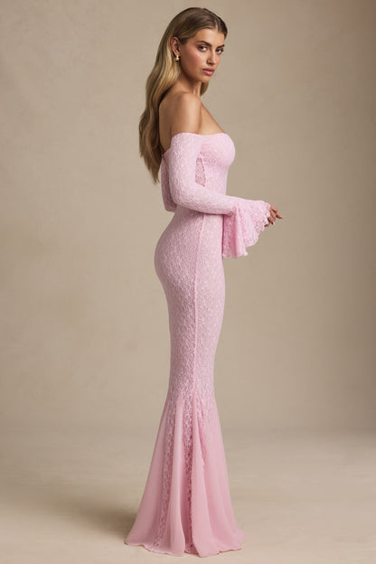 Off-Shoulder Ruffle Lace Maxi Dress in Soft Pink