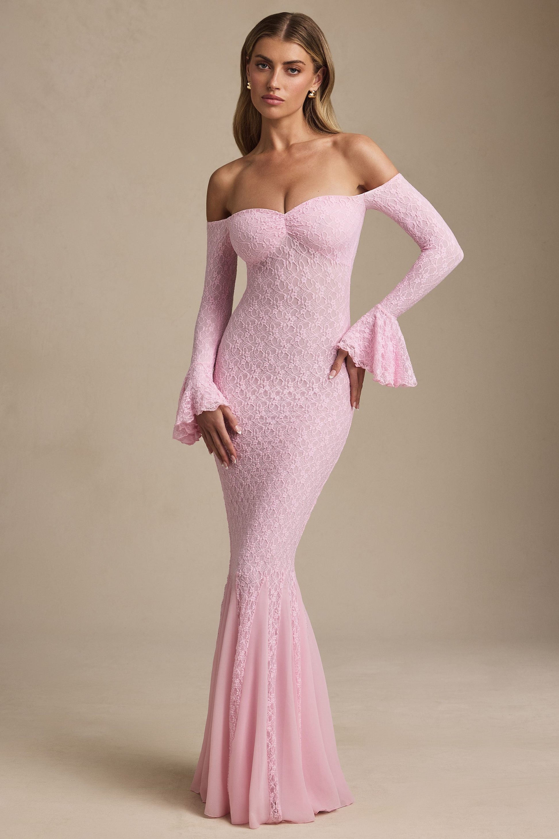 Off-Shoulder Ruffle Lace Maxi Dress in Soft Pink