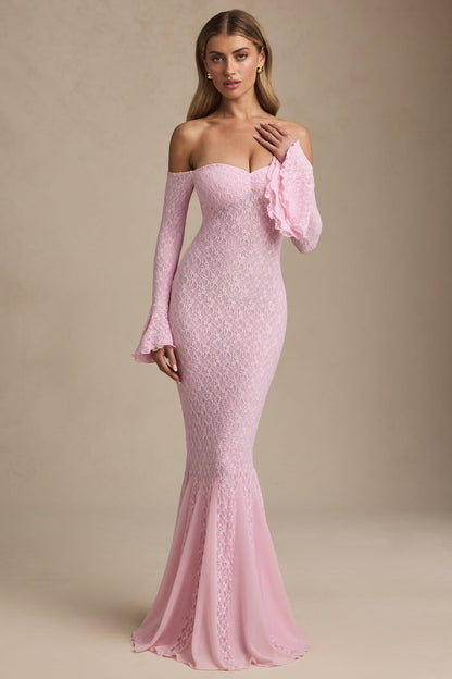 Off-Shoulder Ruffle Lace Maxi Dress in Soft Pink