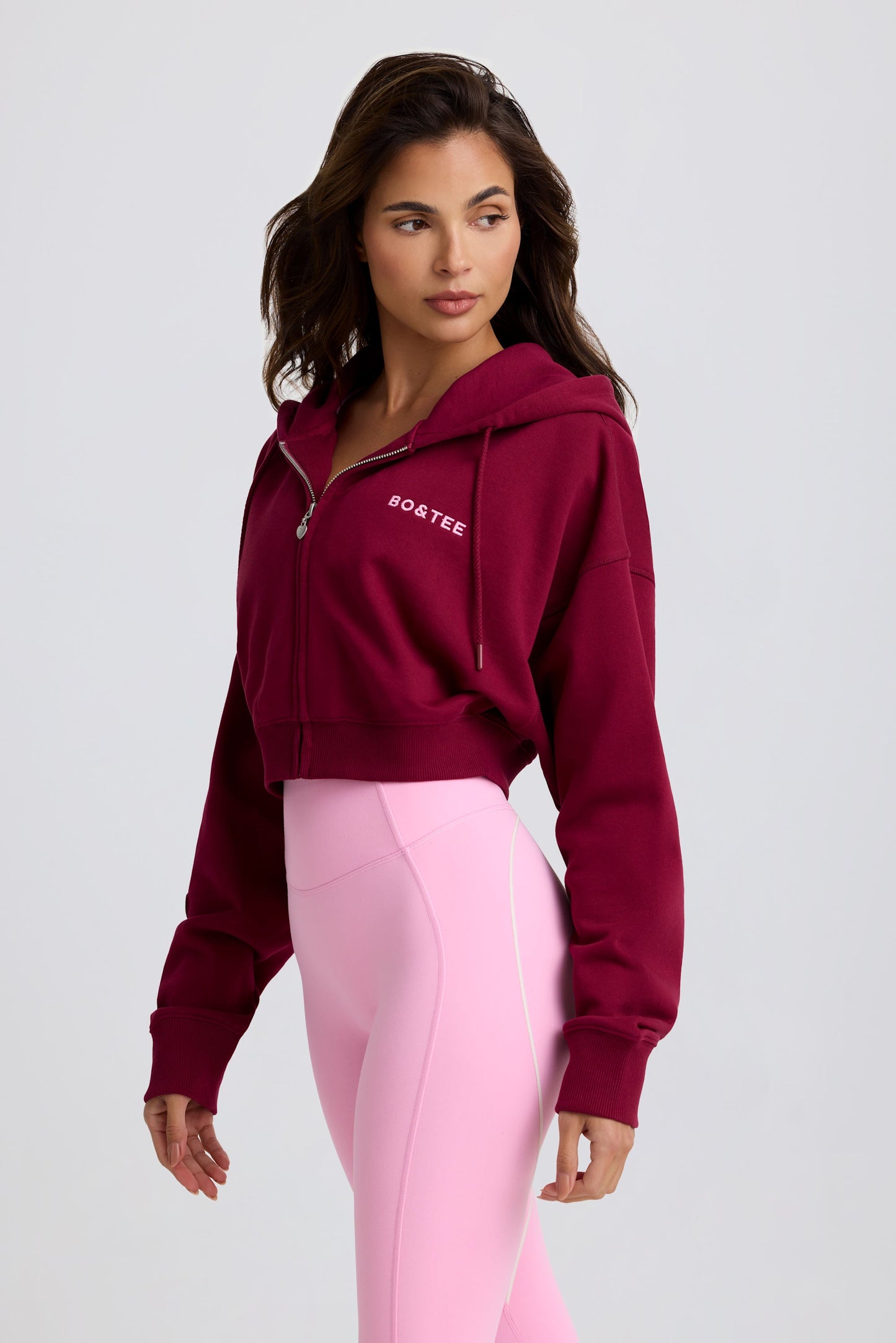 Cropped Zip-Up Hoodie in Burgundy