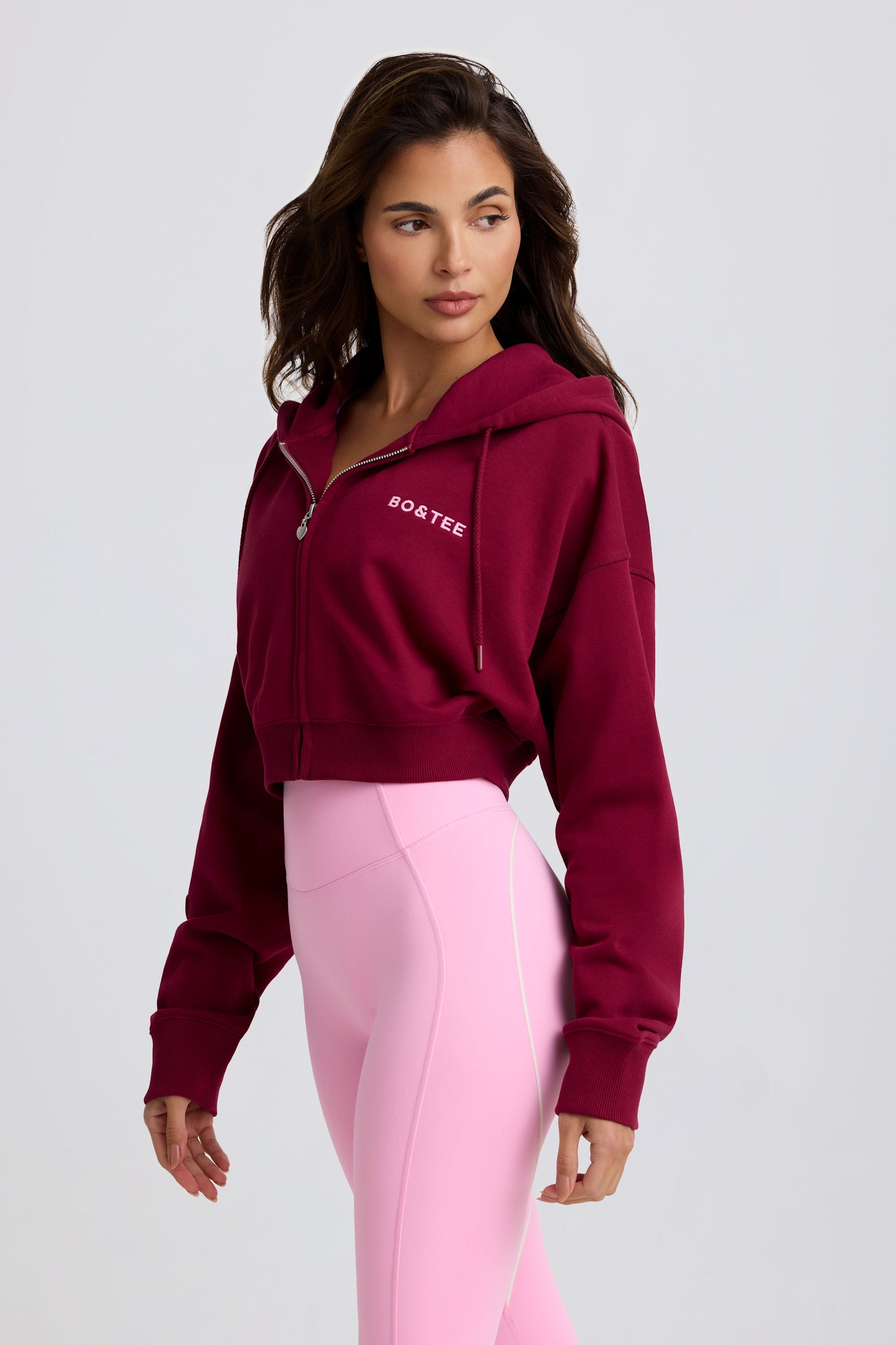 Cropped Zip-Up Hoodie in Burgundy