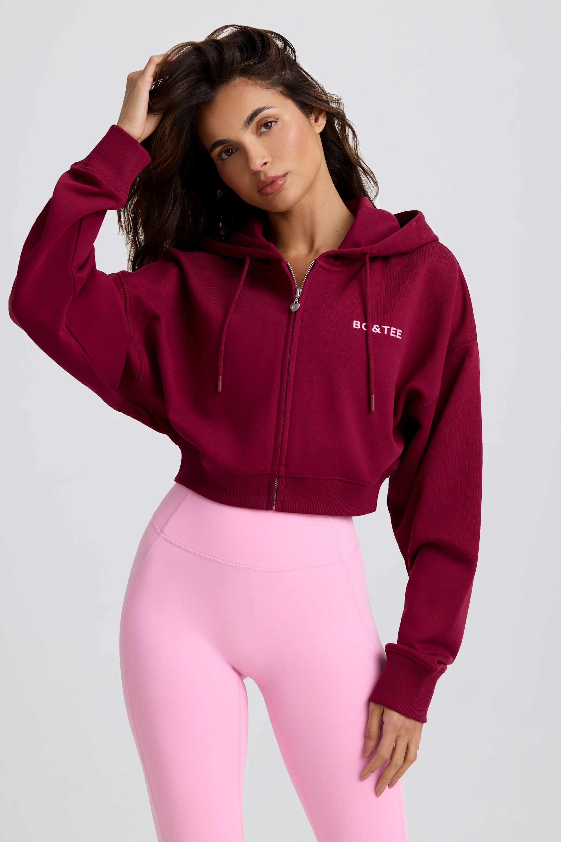 Cropped Zip-Up Hoodie in Burgundy