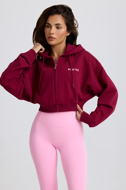 Cropped Zip-Up Hoodie in Burgundy