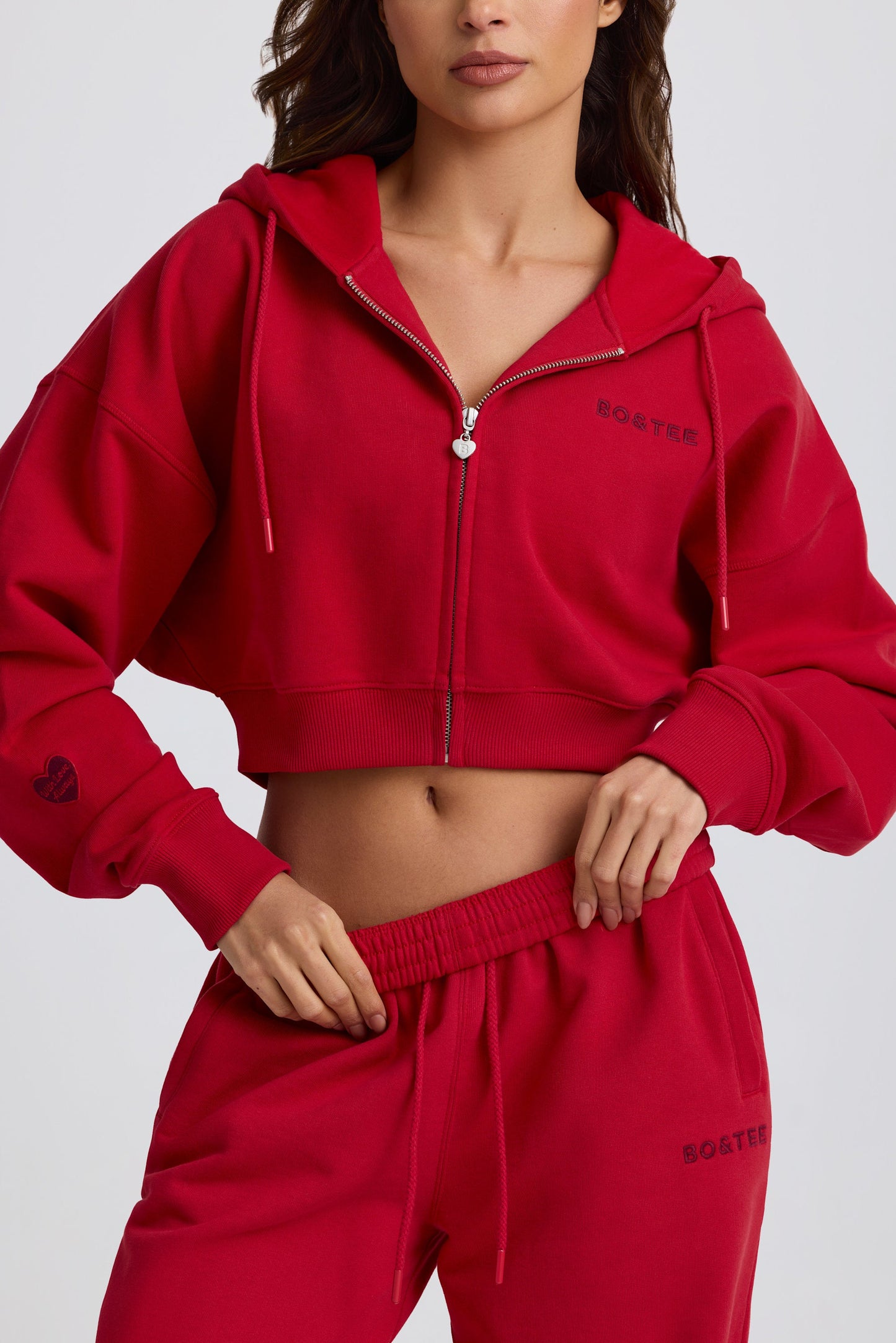 Cropped Zip-Up Hoodie in Hot Red