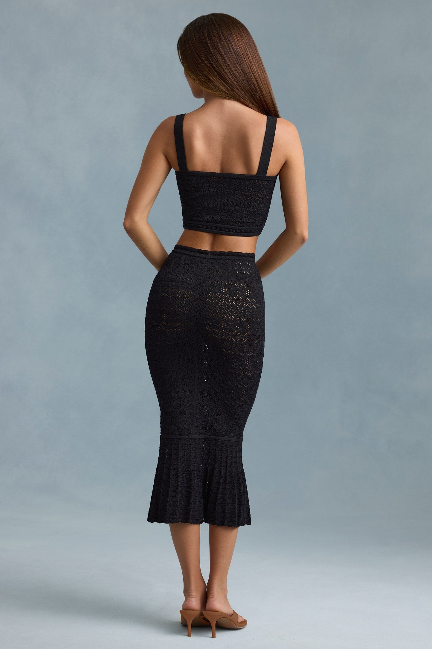 Ruffle-Trim Pointelle-Knit Midaxi Skirt in Black